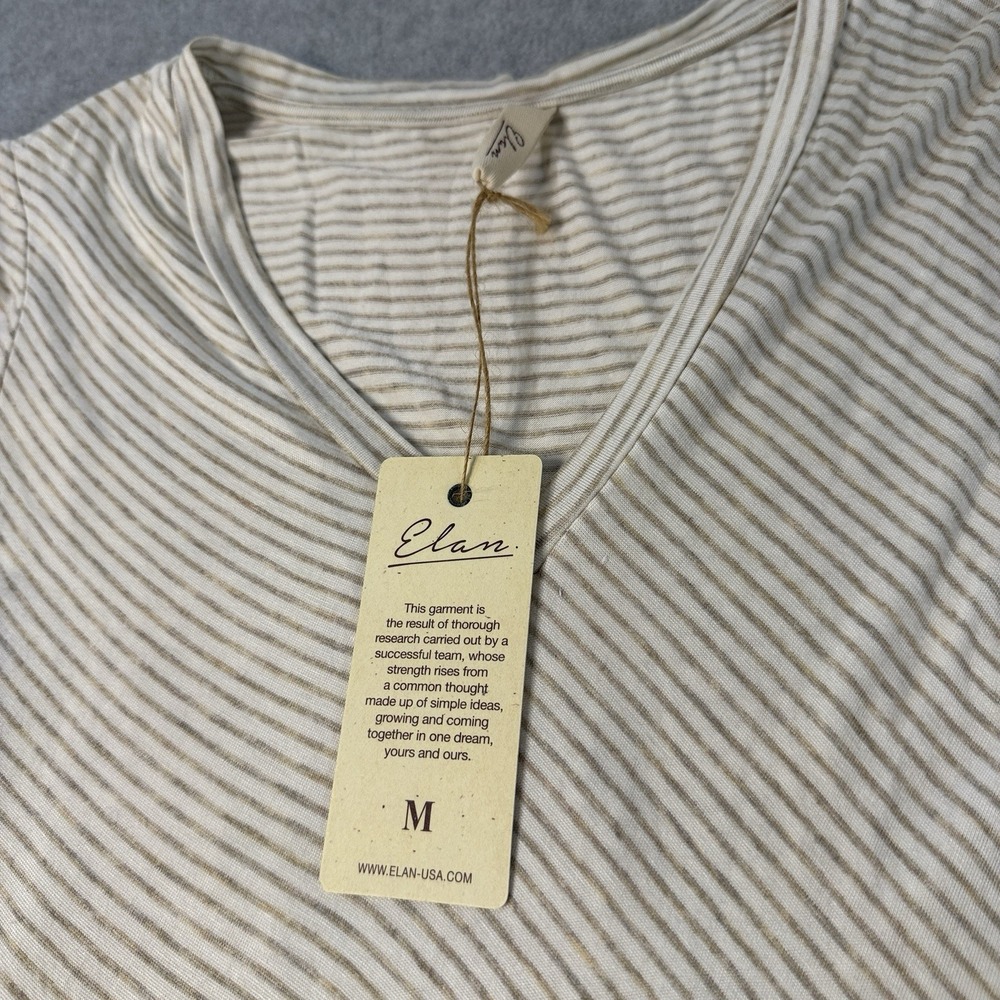 NWT‎ Elan Medium Striped Tunic Top Beige Ivory Sharkbite Hem Boho Rayon Stretch